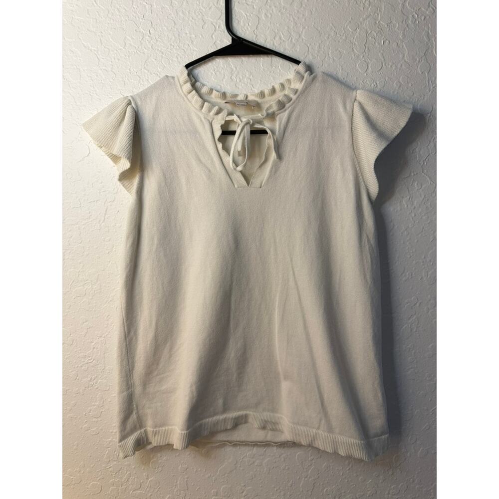 LOFT Outlet Petite Ivory Ruffle Flutter Sleeve Sweater Top Tie Neck Size MP